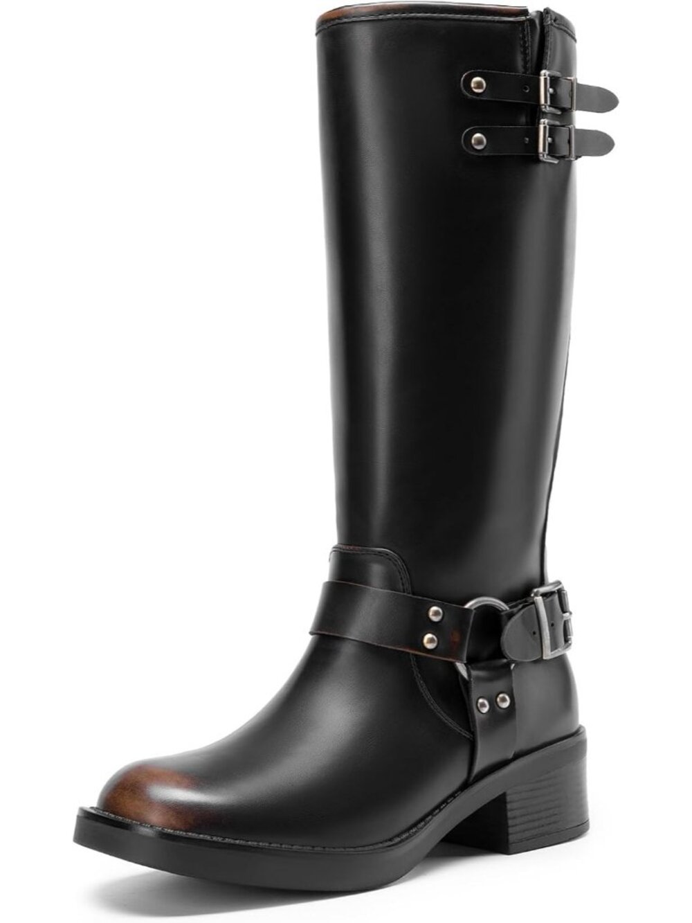 Dream Pairs Women's Black Brown Moto Knee High Low Heel Buckle Side ZIP Boots